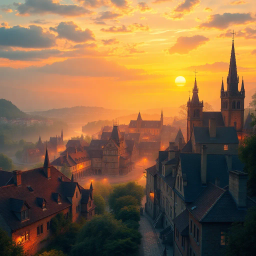 medieval cityscape, glowing twilight, perched on hilltop, vibrant colors, Claude Lorrain influence, golden hour lighting, ethereal atmosphere, lush landscapes, towering spires, intricate architecture, cobblestone streets, panoramic views, sweeping vistas, rich texture, romanticism, detailed engravings, enchanting aura, timeless beauty, serene ambiance, historical roots, narrative storytelling, mystical realm, elevated perspective, imaginative vision, dreamlike setting, magical realism, atmospheric haze, visual poetry, harmonious balance, artistic expression, visionary landscape, fantasy essence, enchanting visuals, Claude Monet inspiration, Baroque influence, tapestry of color, luminous glow, enchanting spell, whimsical charm, historical narrative, romantic era, pastel hues, soft shadows