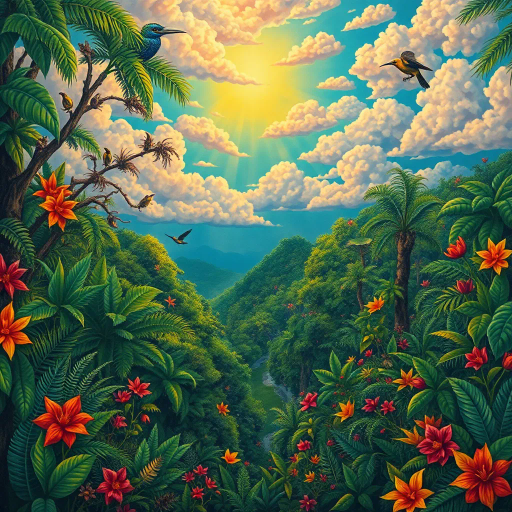 vivid rainforests, carnival atmosphere, vibrant colors, intricate details, lush foliage, rich cultural heritage, magical realism, Brazilian landscape, surreal clouds, tropical wildlife, Henri Rousseau influence, rhythmic movement, radiant sunlight, festive mood, intricate patterns, exotic birds, mythical elements, celebratory spirit, tropical flora, samba rhythm, enchanting scenery