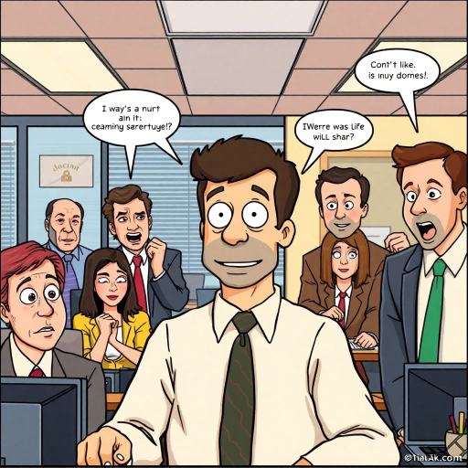 satirical humor, everyday life, workplace dynamics, vibrant colors, exaggerated expressions, quirky characters, Michael Scott, camera angles, documentary style, playful tone, American culture, ensemble cast, office environment, comedic timing, mockumentary feel, panel layout, speech bubbles, visual storytelling, relatable scenarios, improvisational flair, modern setting, emotional undertones, character development, symbolic objects