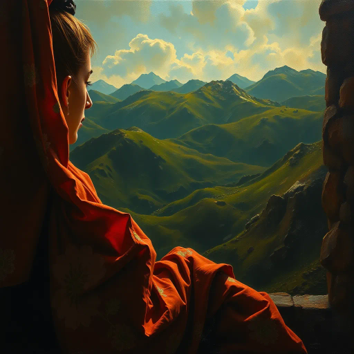 hyper-realistic, vivid colors, chiaroscuro, Vermeer-inspired, Renaissance lighting, fine brushwork, intricate details, soft focus, natural textures, vivid realism, emotive expression, deep shadows, high contrast, classical composition, museum-quality, intricate textures, timeless beauty, evocative mood, serene landscapes, masterful execution, lifelike depiction