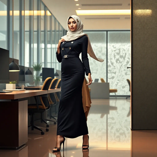 elegant Arab woman, sophisticated hijab, modern workplace, professional attire, high heels, Middle Eastern influence, contemporary art, intricate patterns, vibrant colors, soft lighting, dynamic pose, Impressionism influences, delicate fabrics, confident and empowering presence, cultural expression, diverse representation, cultural fusion, modernism, grace and poise, harmony, balance, cultural narrative, advanced digital techniques, refined textures, bold symbolism, inspired by Gustav Klimt, Art Nouveau elegance, surreal lighting, empowered femininity, rich textures, fluid movement, intricate details, cultural symbolism, confident aura, dynamic composition