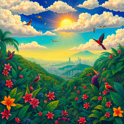 vibrant rainforest, carnival atmosphere, vivid colors, intricate details, lush foliage, Brazilian cultural heritage, magical realism, surreal clouds, tropical wildlife, Henri Rousseau influence, rhythmic movement, radiant sunlight, festive mood, exotic birds, mythical elements, celebratory spirit, samba rhythm, enchanting scenery, Rio Carnival, sprawling cityscapes, modernist architecture, Tarsila do Amaral, dynamic movement, cultural fusion, Copacabana beach, panoramic views, rich biodiversity, Botero-inspired figures, expressive brushstrokes, Amazon River, joyous atmosphere, exuberant colors, Carmen Miranda, dynamic samba dancers, Jorge Selarón, bold compositions, urban diversity, vivid patterns, indigenous art, Afro-Brazilian heritage, festive atmosphere, fluid movement, warm sunlight, rhythmic energy, surrealism, tropical hues, imaginary landscapes, artistic fusion, contemporary influences, chromatic brilliance, mystical atmosphere