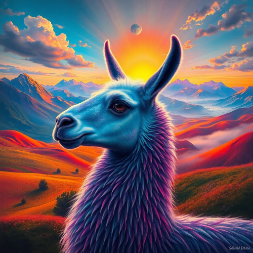mystical llama, Salvador Dalí, surreal landscapes, vibrant colors, flowing textures, ethereal glow, fantastic realism, imaginative creativity, otherworldly ambiance, enchanted highlands, dreamlike scenery, mythical charm, dynamic composition, magical realism, cloaked in mist, detailed fur, luminous alpenglow, whimsical allure, gentle majesty, impressionistic, radiant horizon