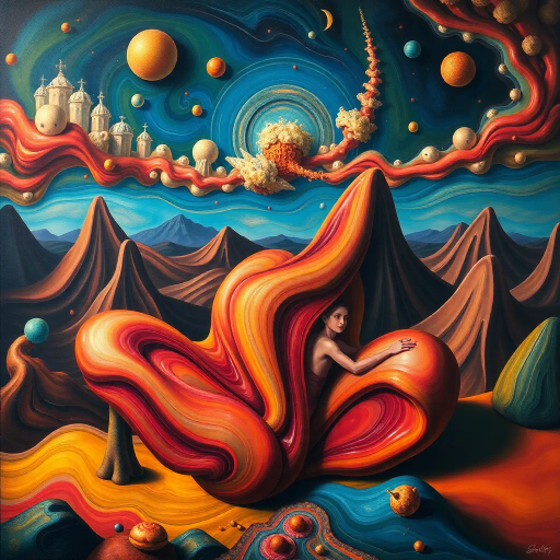 surreal genitalia, Salvador Dali, fluid shapes, dreamlike landscape, abstraction, vibrant colors, metaphoric interpretation, symbolism, playful yet mysterious, Renaissance lighting, intricate textures, imaginative composition, bold expression, surrealist essence, whimsical forms, evocative emotion, fantastical scenery, otherworldly aura