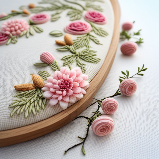 pastel, floral, embroidery, delicate, intricate, stitches, thread, needlework, vintage, handcrafted, soft colors, nature-inspired, botanical, feminine, decorative, embellished, texture, needlepoint, cross-stitch, tapestry, fabric, cloth, sewing, traditional, detailed