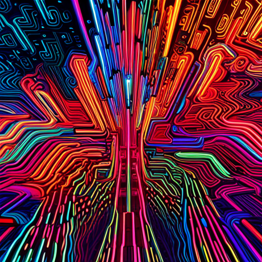 futuristic, artificial intelligence, cyborgs, neon lights, maximalism, technology, circuit boards, hyperrealism, bold colors, typographic design, glitch art