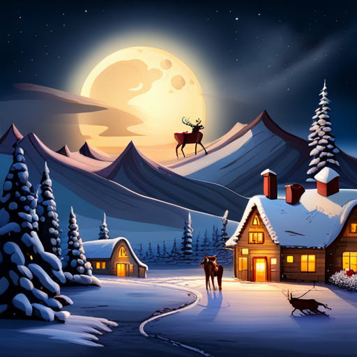 reindeer, santa, delivering presents, winter, holiday, magical, flying, sleigh, chimney, snowy landscape, festive, joy, gift-giving, red-nosed, Rudolph, Santa Claus, jolly, elves, workshop, snowflakes, starry night, Christmas