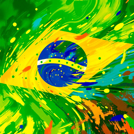 vibrant Brazilian flag, swirling colors, dynamic movement, tropical influences, modern digital techniques, vivid greens, deep yellows, royal blues, abstract expressionism, colorful splashes, textured layering, cultural richness, iconic symbolism, national pride, rhythmic patterns, energetic composition, oval forms, contemporary interpretation, lively atmosphere, digital brushstrokes, experimental canvas, immersive scale, seamless blend, harmony and unity, historical resonance, artistic celebration