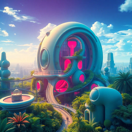 futuristic utopia, 2000s nostalgia, vibrant hues, glossy textures, lush greenery, botanical abundance, retro-futurism, blue and green palette, ecological harmony, smooth surfaces, reflective materials, soft gradients, hyper-realistic landscapes, Claude Lorrain influence, immersive environment, ethereal lighting, sprawling cityscapes, verdant parks, organic architecture, serene atmosphere, visionary aesthetics, dynamic compositions, interplay of nature and technology, fluid shapes, harmonious coexistence, evocative serenity, sustainable vision