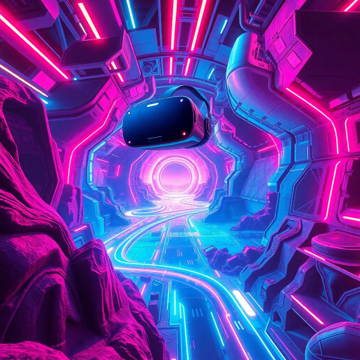 virtual reality, futuristic vision, immersive experience, artist: Syd Mead, neon glow, virtual landscapes, digital rendering, sci-fi universe, dynamic movement, vibrant colors, hyper-realism, cutting-edge technology, geometric forms, holographic textures, interactive environments, light trails, enhanced perception, spatial exploration, imaginative realms, high-tech aesthetics