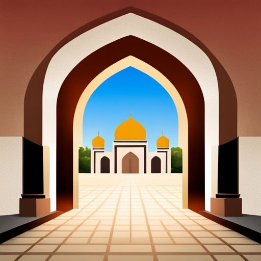 symbolic masjid, rounded border, border shadow, clock, time 04:10, caption, 7 minutes walking distance