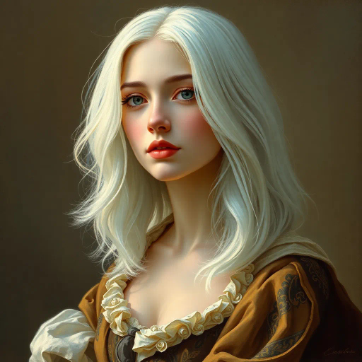 ethereal woman, medium white hair, whimsical, ethereal lighting, Vermeer influence, baroque hints, soft highlights, Renaissance elegance, surreal composition, pastel tones, gentle textures, smooth brushstrokes, delicate expressions, serene mood, classical framing, flowing movement, introspective gaze, intricate patterns, harmony and balance, subtle symbolism, dreamlike atmosphere, art of Vermeer, baroque period, renaissance art, mid-century modern, soft pastel palette, gentle and smooth, serene and introspective, flowing and balanced, surreal and dreamlike