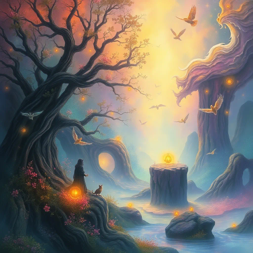 surreal dreamscape, Salvador Dalí influences, ethereal elements, vivid color palette, chiaroscuro lighting, abstract forms, swirling patterns, enigmatic symbolism, dreamlike mood, mythical creatures, imaginative landscapes, temporal distortion, transcendent ambiance, Baroque textures, dynamic movement, otherworldly perspective, cosmic themes, elaborate detail, Escher-esque geometry, fantastical composition