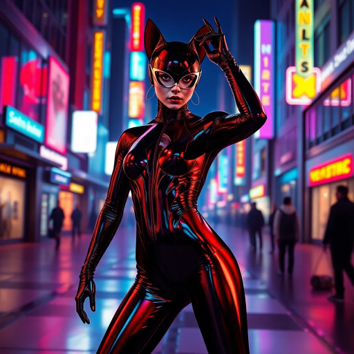 sleek catsuit design, high fashion, futuristic elements, vibrant neon lighting, dynamic pose, bold composition, metallic textures, sci-fi influence, Joan Miró inspiration, night cityscape, cyberpunk aesthetics, mysterious mood, playful elegance, abstract forms, intricate detailing, avant-garde style, fluid movements, bold color contrasts, surreal presentation, depth and layering, unconventional materials, reflections and shadows, elegant silhouette, imaginative realm, Salvador Dali, dreamlike atmosphere, geometric precision, fluid dynamics, visual storytelling, abstract surrealism, enigmatic expressions, ethereal glow, kaleidoscopic patterns, reflective surfaces, overlapping dimensions, contrasting hues, multidimensional perspective, spatial depth, imaginative narrative