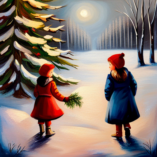 vibrant colors, joyful atmosphere, detailed brushwork, traditional medium, nostalgic depiction, classic composition, cozy scene, nostalgic charm, vintage aesthetic, winter festivities, Christmas celebration, children's innocence, holiday spirit, nostalgic mood, realistic portrayal, vintage oil on canvas painting