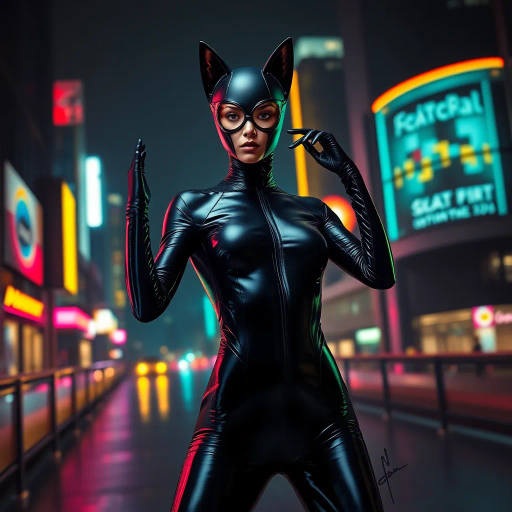 sleek catsuit design, high fashion, futuristic elements, vibrant neon lighting, dynamic pose, bold composition, metallic textures, sci-fi influence, Joan Miró inspiration, night cityscape, cyberpunk aesthetics, mysterious mood, playful elegance, abstract forms, intricate detailing, avant-garde style, fluid movements, bold color contrasts, surreal presentation, depth and layering, unconventional materials, reflections and shadows, elegant silhouette, imaginative realm, Salvador Dali, dreamlike atmosphere, geometric precision, fluid dynamics, visual storytelling, abstract surrealism, enigmatic expressions, ethereal glow, kaleidoscopic patterns, reflective surfaces, overlapping dimensions, contrasting hues, multidimensional perspective, spatial depth, imaginative narrative