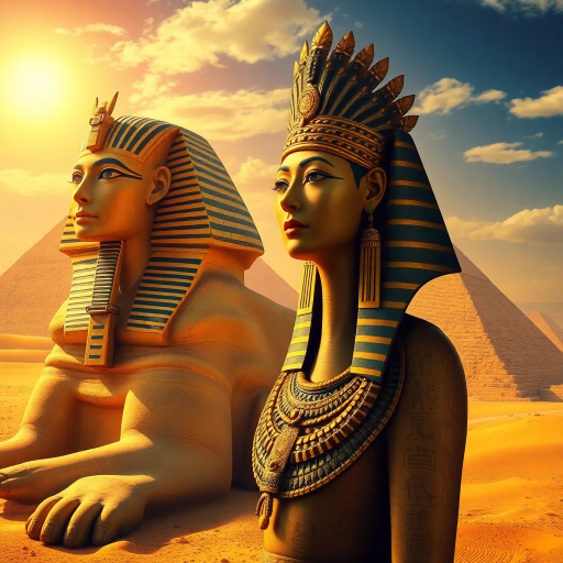 ancient Egypt, pharaoh, mystical, desert landscape, golden sands, pyramids in distance, hieroglyphics, intricate detail, vibrant hues, rich color palette, surreal lighting, magic, sphinx, sun-kissed stone, timeless, divine symbolism, echoes of history, mystical atmosphere, intricate patterns, divine geometry, cultural heritage, mythological essence, spiritual aura, timeless architecture, ancient civilization, ceremonial, ethereal glow, divine presence, artistic grandeur, desert mystique, historical reverence, legendary tales