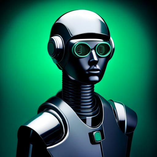 1970's, sci-fi, robot, portrait, studio lighting, emerald background, retro-futuristic, metallic, chrome, vintage, cybernetic, futuristic technology, artificial intelligence, neon accents, geometric shapes, electronic circuitry, analog dials, glowing eyes