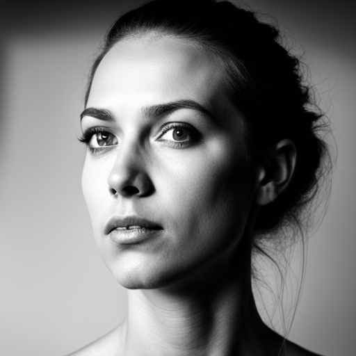 feminine strength, gracefulness, portrait, black and white, soft lighting, emotional expression, beauty, empowerment, contemporary, contrast, delicate features, monochrome, dramatic shadows, timeless elegance