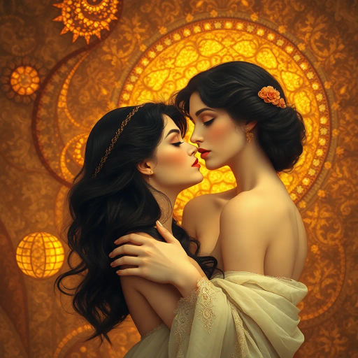 surreal romance, ethereal beauty, evocative passion, Gustav Klimt, Art Nouveau, warm golden hues, intricate patterns, delicate textures, intimate atmosphere, flowing forms, soft focus, dreamy ambiance, allegorical symbolism, romantic allure, ethereal lighting, soft contours, renaissance influence, vivid chiaroscuro, elaborate craftsmanship, dreamlike quality, captivating gaze, pastel palette, delicate textures, atmospheric ambiance, baroque elegance, fluid forms, intimate composition, emotional depth, elegant curves, enchanting allure, compelling emotion, gentle movement, artistic grace, timeless elegance, poetic intimacy, lavish details