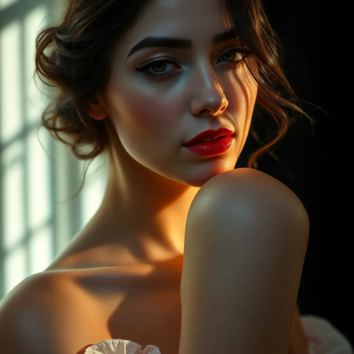 feminine beauty, renaissance charm, chiaroscuro lighting, soft curves, youthful allure, elegance, baroque influence, vibrant color palette, ethereal glow, contemporary perspective, dynamic movement, art nouveau inspiration, delicate textures, graceful form, modern confidence, serene mood, intricate details, cultural richness, timeless elegance, harmonious composition