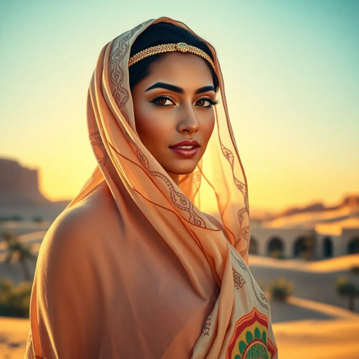 mysterious desert ambiance, sultry allure, arabian influence, exotic beauty, warm sunset glow, intricate patterns, delicate veils, rich golds and indigos, Henri Matisse inspiration, sensual curvature, dynamic movement, inspired by fiction and fantasy, opulent textures, fluid silks, contrast of light and shadow, intimate and bold, art nouveau elegance, sensual exploration, distant dunes, whispers of wind, cultural mystique, intricate henna designs, ethereal essence, graceful poise, visual poetry, emotive depth
