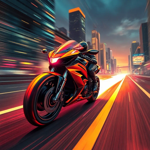 futuristic motorcycle, sleek design, dynamic movement, vibrant neon lighting, retro-futurism aesthetics, Ralph McQuarrie, cyberpunk cityscape, speed and energy, chrome finishes, intricate mechanical details, kinetic composition, bold contrasts, urban night setting, digital rendering techniques, motion blur, concept art, streamlined form, synthetic materials, high contrast shadows, immersive environment, Akira inspiration, Blade Runner ambiance, luminous reflections, electric hues, cutting-edge technology, dusk ambiance, cinematic angles, futuristic metropolis, pulsating vibrancy