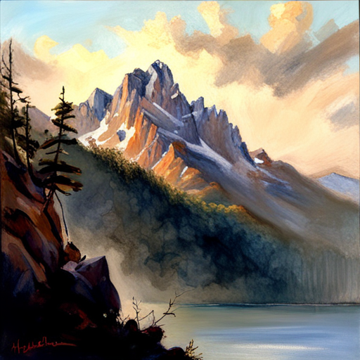 majestic peaks, rugged terrain, atmospheric perspective, muted colors, Impressionism, Hudson River School, light and shadow, texture, acrylic paint, landscape painting, naturalism, serenity, grandeur, scale, plein air, rocky outcroppings, dramatic sky, asymmetry, depth, soft brushstrokes, tranquility