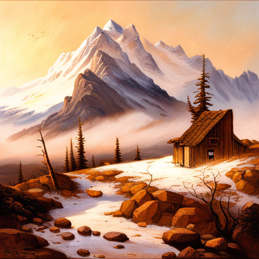 majestic peaks, rugged terrain, atmospheric perspective, muted colors, Impressionism, Hudson River School, light and shadow, texture, acrylic paint, naturalism, serenity, grandeur, scale, plein air, rocky outcroppings, dramatic sky, asymmetry, depth, soft brushstrokes, tranquility, landscape-painting, digital painting, pixel art, atmospheric lighting