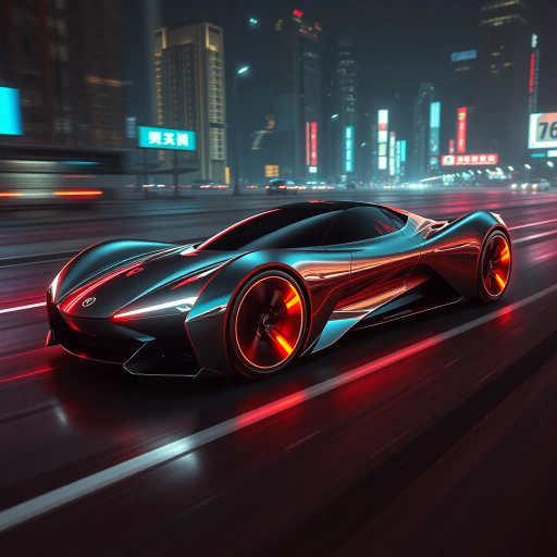 futuristic car design, sleek lines, chrome finish, vibrant neon highlights, dramatic lighting, dynamic movement, aerodynamic shape, retro-futurism, precision engineering, urban environment, concept art, high-tech materials, hyper-realistic detailing, modern aesthetics, speed and agility, metallic textures, ambient atmosphere, avant-garde composition, illuminated cityscape, art deco influences