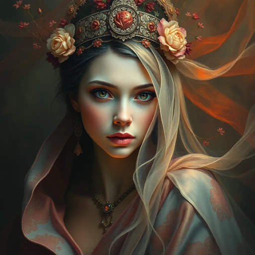 ethereal goddess, renaissance-inspired, chiaroscuro lighting, serene expression, surrealism, bold brushstrokes, celestial colors, flowing robes, delicate textures, vibrant jewel tones, intricate detailing, mystical aura, vaporwave influences, dreamlike atmosphere, novel perspective, modern reinterpretation, dynamic composition, timeless elegance, abstraction, metaphorical essence