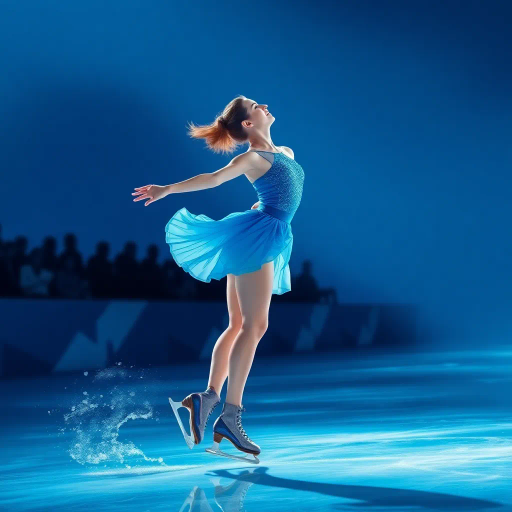 olympic figure skating contestant, elegant pose, dressed in blue contest suit, luminous blue background, dynamic movement, light lines, impression of speed, spectators in shadow, inspired by Edgar Degas, contemporary art, fluid composition, vibrant energy, shimmering textures, reflective ice surface, ethereal lighting, modern elegance, interplay of light and shadow, accentuated motion, arctic ambiance, contrast and depth, atmospheric perspective, emotional intensity, balance and grace