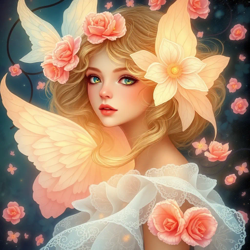 innocent young maiden, charming elegance, ethereal glow, inspired by Yoshitaka Amano, whimsical fantasy, serene ambiance, soft pastel hues, delicate brushwork, intricate lace textures, dreamlike scene, luminous lighting, gentle perspective, emotional warmth, magical atmosphere, fairy tale influences, graceful pose, art nouveau curves, enchanting forest backdrop, mythical creatures, serene expression