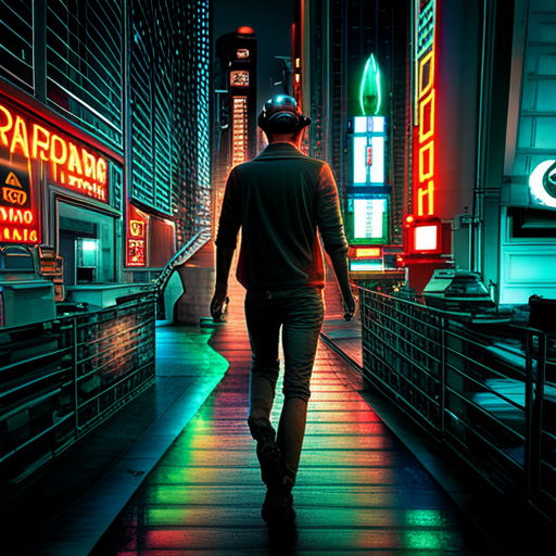 cyberpunk, neon lights, dystopian architecture, futuristic technology, urban sprawl, glowing signs, dark alleys, hi-tech skyscrapers, artificial intelligence, flying vehicles, metallic surfaces, digital graffiti, vibrant colors, shadowy figures, electronic music, surveillance cameras