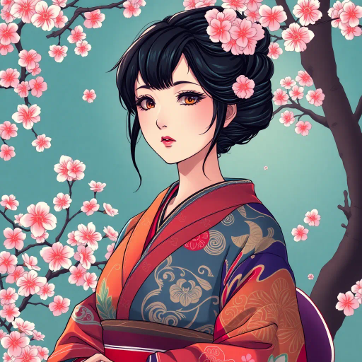 elegant Japanese woman, serene expression, traditional kimono, vibrant cherry blossoms, Hokusai-inspired waves, Edo period influence, intricate patterns, soft pastel colors, gentle brushstrokes, ukiyo-e style, atmospheric lighting, harmonious composition, cultural symbolism, tranquil mood, detailed fabric texture, natural elegance, cultural heritage, poised posture, soft focus background, immersive scene, refined color palette