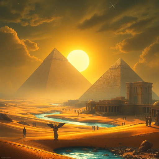 ancient Egypt, pharaoh, mystical, desert landscape, golden sands, pyramids in distance, hieroglyphics, intricate detail, vibrant hues, rich color palette, surreal lighting, magic, sphinx, sun-kissed stone, timeless, divine symbolism, echoes of history, mystical atmosphere, intricate patterns, divine geometry, cultural heritage, mythological essence, spiritual aura, timeless architecture, ancient civilization, ceremonial, ethereal glow, divine presence, artistic grandeur, desert mystique, historical reverence, legendary tales