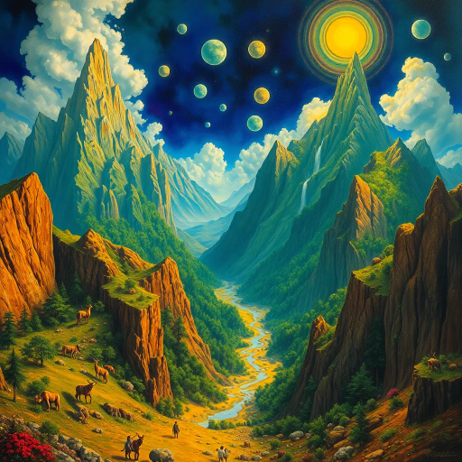 surreal, dreamlike landscapes, vast valleys, towering peaks, lush forests, mythical creatures, ethereal light, Salvador Dali, 20th century, fantasy realms, vibrant colors, intricate details, whimsical, imaginative, flowing lines, golden hues, emerald greens, mystical vibes, magical essence, elaborate storytelling, epic scale, captivating scenes, cultural mythos, mythical legends, atmospheric depth, poetic visuals, creative exploration, otherworldly charm, enchanted atmosphere