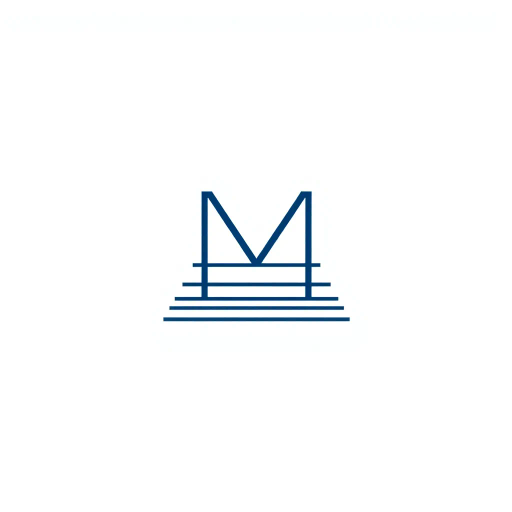 abstract, minimalist logo, geometric letter M, thin horizontal lines, hierarchy, ladder rungs, solid indigo blue, crisp vector design, white background, modern typography, Bauhaus influence, clean composition, precise geometry, vector graphics, contemporary aesthetic, graphic design, minimalism, line weight variation, symbolic representation, structured layout