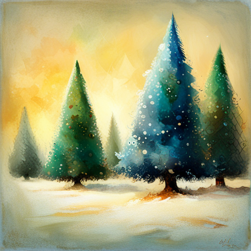 four Christmas tree, white background, textured, oil, vintage