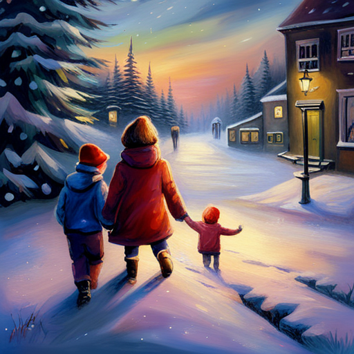 winter, children, Christmas tree, painting, traditional, snow, happiness, family, warmth, nostalgia, innocence, holiday, festive, cozy, realistic, muted colors, detailed, soft lighting, portrait, impressionistic, classic, festive atmosphere, traditional holiday scene, snow-covered landscape, heartwarming, winter wonderland photographic