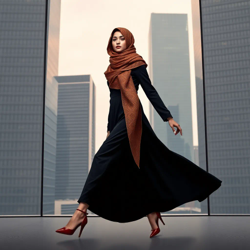 Arab woman, elegant hijab, professional setting, modern workplace, high heels, Middle Eastern culture, contemporary art, intricate patterns, vibrant colors, soft lighting, dynamic pose, cultural expression, delicate fabrics, office environment, confident demeanor, sophisticated fashion, grace and poise, diverse representation, cultural fusion, empowerment, modernism, Impressionism influences, human form, balance and harmony, Henri Matisse, modern elegance, intricate textile patterns, vibrant aesthetic, global influence, artistic expression, dignity and strength, atmospheric composition, elegant lines, harmonious palette, seamless integration, modern artistry