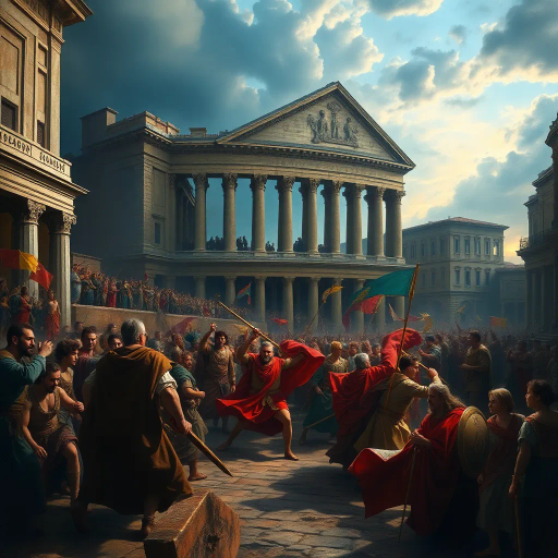 historical devastation, Alaric the Visigoth, ancient ruins, classical architecture, fiery inferno, chaos and turmoil, gothic shadows, sacking and looting, eternal city, Roman Empire, invasion, dramatic conflict, tumultuous skies, Rembrandt lighting, powerful emotions, ancient warfare, Caravaggio-inspired, chiaroscuro, symbolic destruction, fallen civilization, rich textures, monochromatic palette, intense drama, baroque influences, historical narrative, perspective of awe, melancholic atmosphere