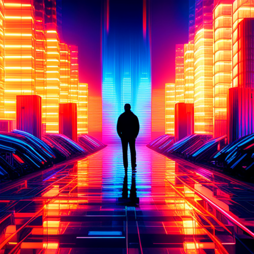 surrealism, glitch art, electric intensity, arcade machines, cyberpunk, virtual reality, 3D animation, megastructures, chaos, rhythmical patterns, psychedelic colors, futuristic textures, digital sparks, neon lights, pixelated explosions