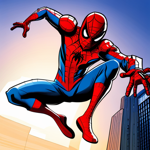 Spiderman, comic book, action, superhero, Marvel, web-slinging, New York City, skyscrapers, red and blue, dynamic poses, web shooters, agility, crime-fighting, mask, spandex suit, Peter Parker, web-swinging, high-flying, urban setting