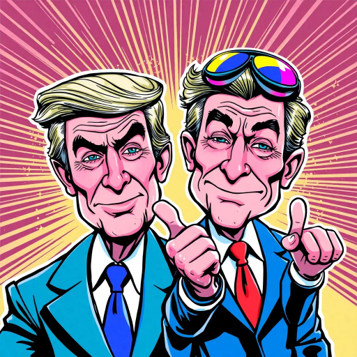 satirical caricature, dynamic duo, bold outlines, vibrant color palette, political satire, futuristic elements, neon highlights, expressive gestures, pop art influences, exaggerated features, humorous tone, cultural commentary, juxtaposition, contrasting personalities, iconic symbols, tech innovation, modern-day politics, comic strip narrative, Roy Lichtenstein style, lighthearted mood, visual storytelling, vivid contrasts, sharp wit, narrative depth, social critique, artistic flair, playful exaggeration, contemporary relevance