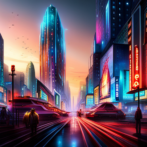 neon lights, cyberpunk architecture, bioengineered vegetation, bustling metropolis, contrast of technology and nature, vibrant colors, futuristic skyline, artificial intelligence, dystopian society, neon signs, organic structures, industrial landscapes, high-tech cityscape, advanced machinery, glowing plants, post-apocalyptic setting, digital artistry, urban jungle