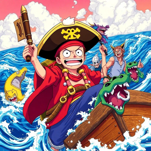 adventure, ocean, pirate, vibrant colors, dynamic composition, Eiichiro Oda, fantasy, Japanese animation, mythical creatures, epic journey, camaraderie, intense action, detailed character design, cel shading, energetic lines, heroic themes, nautical motifs, 90s anime style, exaggerated expressions, cultural fusion, treasure hunting, vast seas, whimsical elements