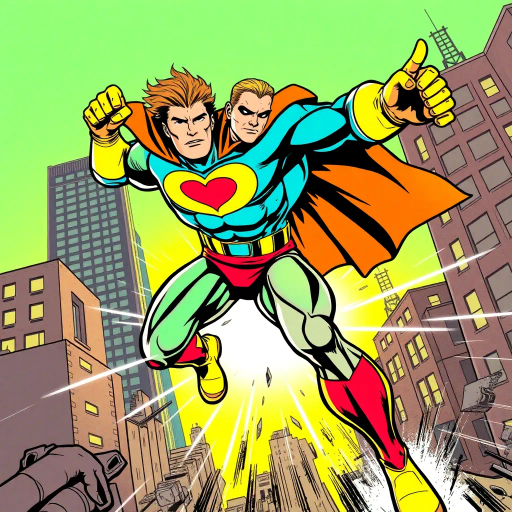 dynamic superhero figure, bold line work, vibrant colors, energetic composition, 20th-century Americana, iconic poses, heroic expression, action-packed, Jack Kirby influences, dramatic lighting, exaggerated proportions, urban backdrop, mid-century modern, pop art elements, narrative storytelling, sequential art techniques, powerful movement, cultural symbolism, graphic novel style, primary color palette