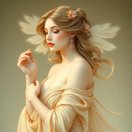 ethereal feminine figure, inspired by Alphonse Mucha, art nouveau elegance, flowing lines, gentle curves, pastel tones, soft lighting, delicate textures, serene expression, grace and poise, mythical allure, elegant composition, harmonious balance, captivating beauty, dreamlike ambiance, timeless elegance, detailed ornamentation, subtle symbolism, classical influences, refined artistry