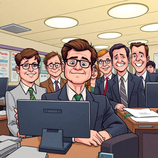 The Office, satirical humor, vibrant colors, Steve Carell, ensemble cast, mockumentary style, quirky, everyday life, work environment, subtle irony, character dynamics, Michael Scott, Dunder Mifflin, Scranton, Pennsylvania, documentary filming, 2000s television, comedic timing, deadpan expression, cultural phenomenon, paper company, witty banter, office antics, relatable humor, office supplies, Jim Halpert, Pam Beesly, Dwight Schrute, team dynamics, overhead fluorescent lighting, mundane yet charming, round camera angles, workplace relationships, bold outlines, exaggerated expressions, playful mischief, illustrated humor, conversational pace, absurdity, situational comedy, thematic depth, caricature style, narrative flow, humorous encounters, visual storytelling, expressive gestures, dialogue-driven scenes, lighthearted tone, graphic novel aesthetics